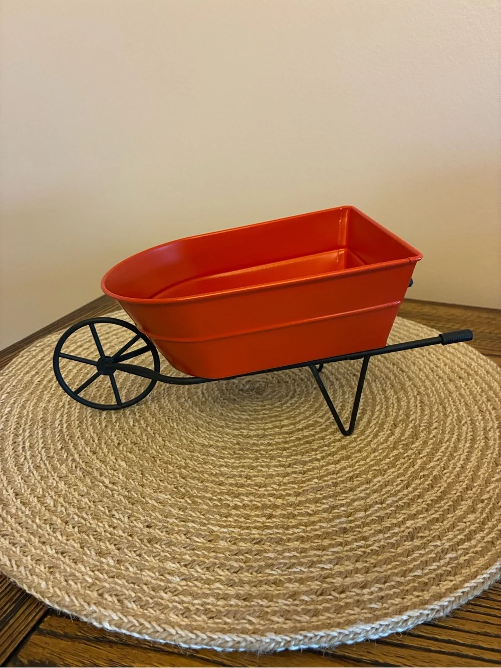 Decor Orange/Red Metal Wheelbarrow & Wooden Picket Fence Basket